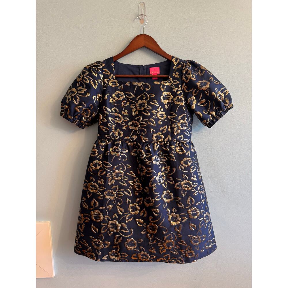 Lilly Pulitzer Girls Mini Kasslyn Dress - Navy & Gold Floral Brocade - Size 14